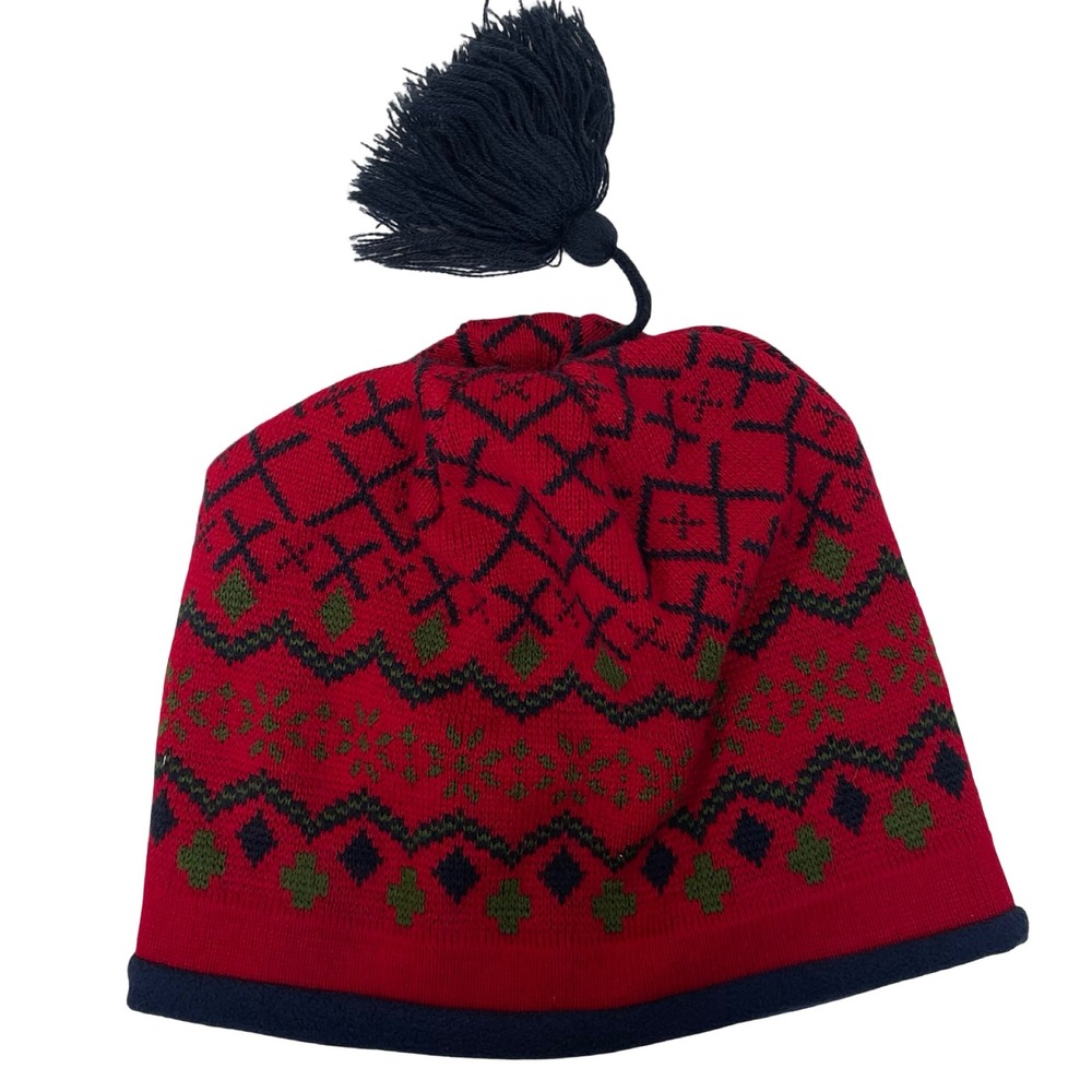 LLBean Kids Boys Knit Hat Red Fair Isle Tassel Blue Fleece Lined Size M